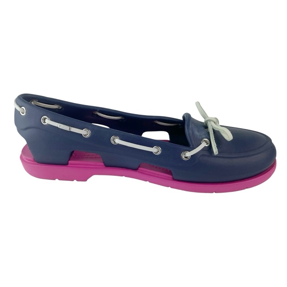 Crocs Womens Boat Shoes Size 9 Beach Line Navy Blue Pink Comfort Loafers *Read